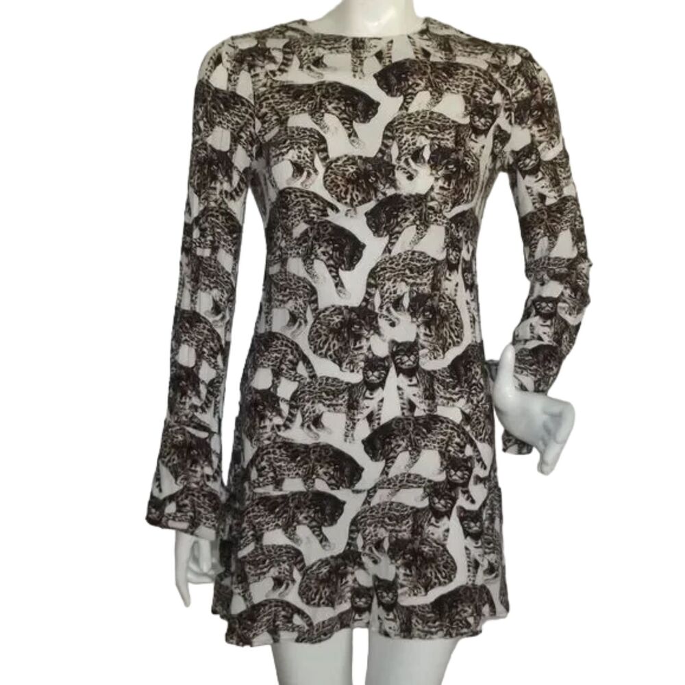 H&M Mini Dress, 4, Wild Cats, White/Brown, Long sleeves, big keyhole back